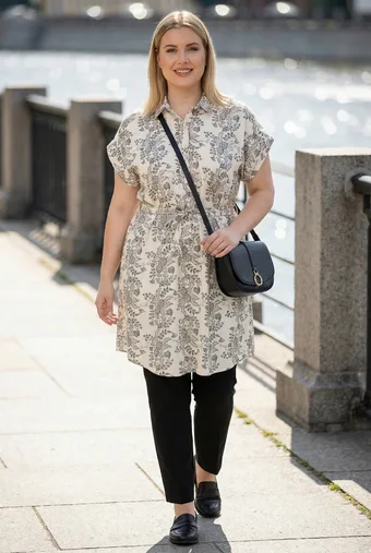 Ecru tunika czarne liście